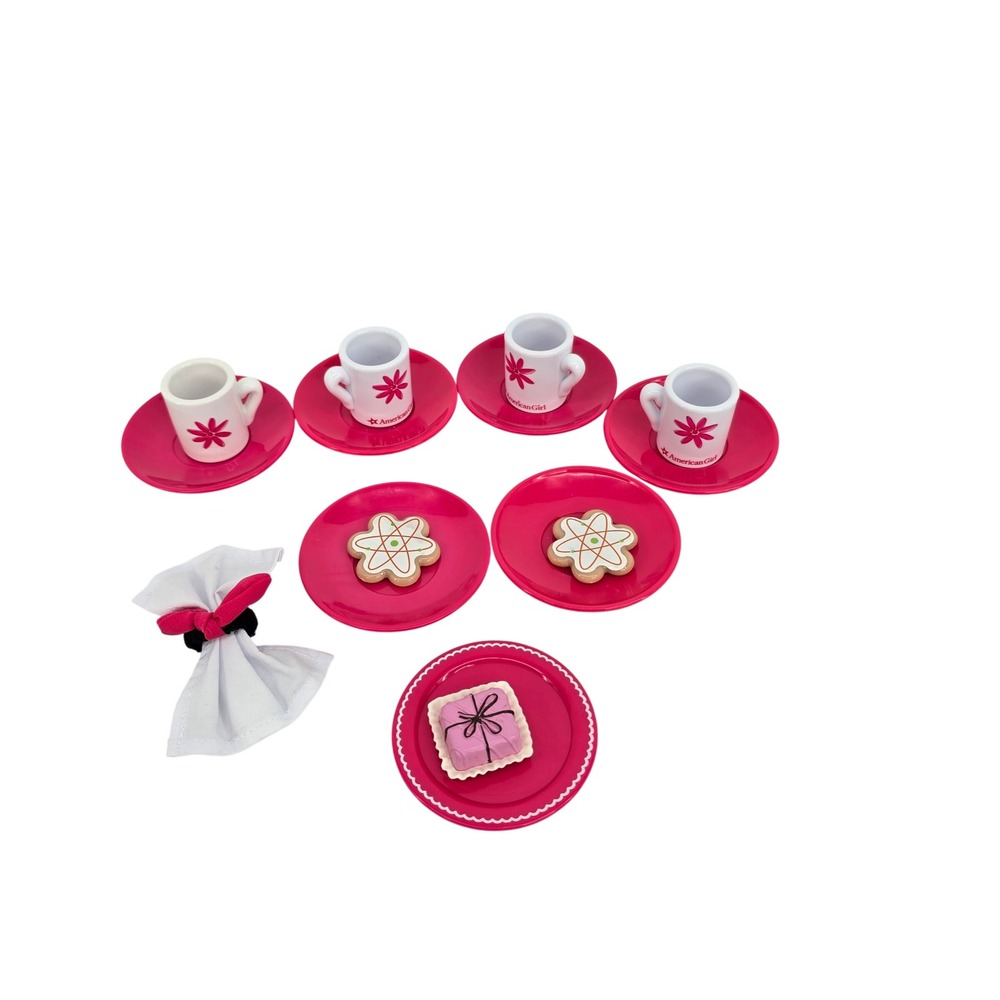 American Girl Doll Tea Set Mugs Saucers Plates Cookies and Napkin Pink White